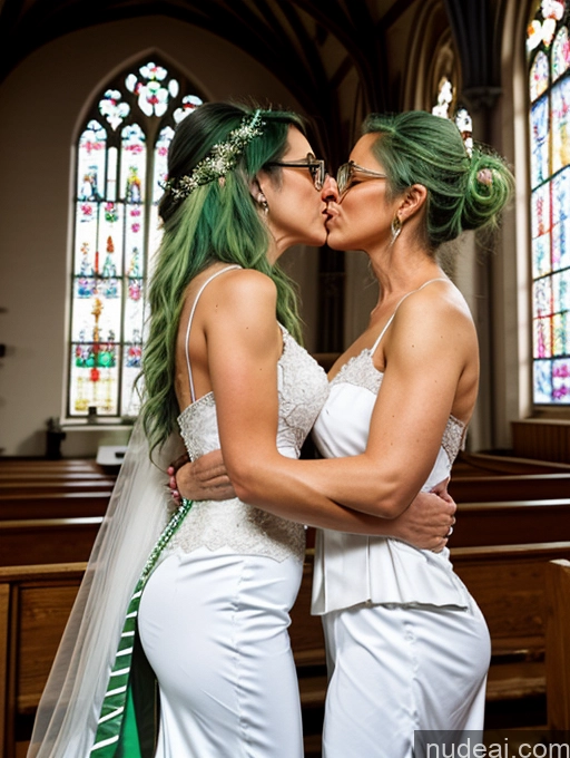 ai nude image of brides kissing in church with stained glass windows in background pics of Long Hair White Green Hair Two Milf Small Tits Glasses Small Ass Kisses 40s Church Wedding