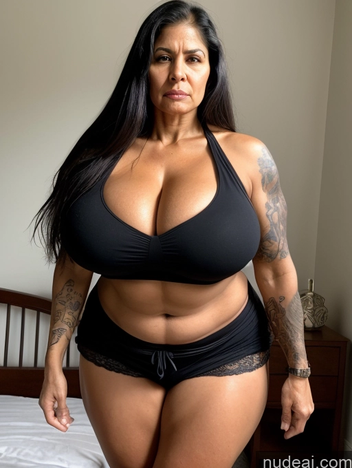 ai nude image of arafed woman in a black bikini posing on a bed pics of Milf Busty Huge Boobs Beautiful Tattoos Muscular Big Ass Abs Big Hips Tall Perfect Body Long Hair Dark Skin Angry Black Hair Indian Bedroom Front View T-pose Long Skirt Sexy Face 70s