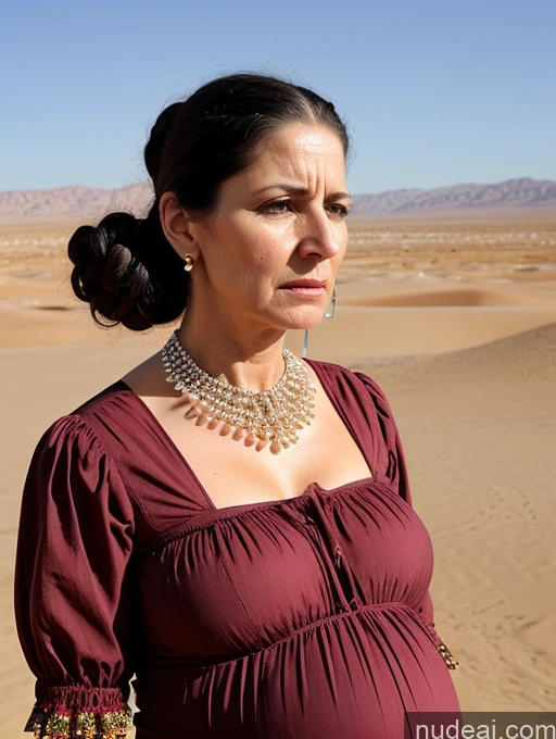 ai nude image of pregnant woman in a red dress in the desert with a necklace and earrings pics of Milf Busty Skinny Short Pregnant 50s Angry Shocked Sad Black Hair Hair Bun Jewish Desert Front View Dress Traditional Victorian Pearl Jewelry