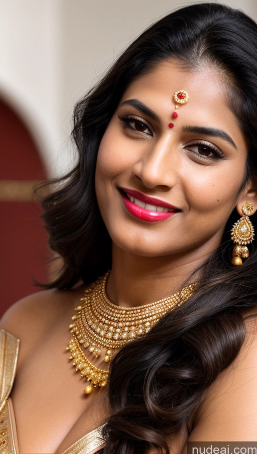 ai nude image of araffe woman with a gold necklace and earrings smiling for the camera pics of Woman Huge Boobs Perfect Boobs Busty Beautiful Lipstick Big Ass Fairer Skin 50s Happy Sexy Face Black Hair Long Hair Indian Skin Detail (beta) Close-up View Sari Gold Jewelry Jewelry Bright Lighting Detailed Simple