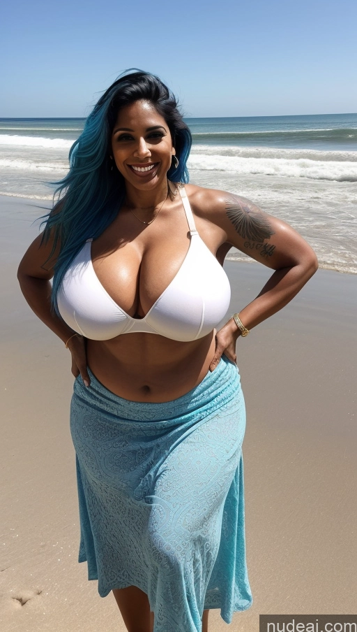 ai nude image of arafed woman in a white bikini and blue skirt on the beach pics of Milf Big Ass Big Hips Indian Sexy Face Busty Tattoos Tall Dark Skin Beautiful 30s Front View T-pose Perfect Body Abs Huge Boobs Long Hair Muscular Beach Laughing Bra Long Skirt Blue Hair