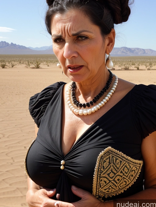 ai nude image of woman in black dress with pearl necklace and pearl earrings in desert pics of Milf Busty Skinny Short Pregnant 50s Angry Shocked Sad Black Hair Hair Bun Jewish Desert Front View Dress Traditional Victorian Pearl Jewelry