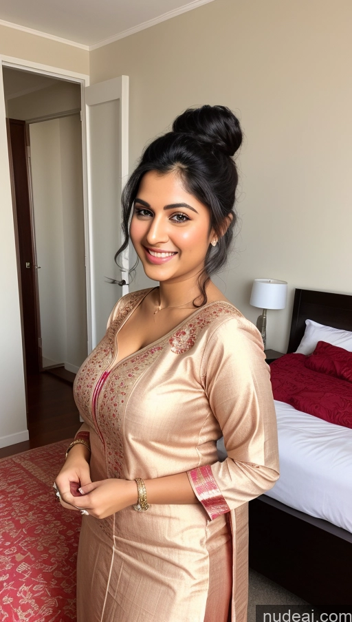 ai nude image of smiling woman in a gold dress standing in a bedroom pics of Busty Perfect Boobs Beautiful Big Ass Black Hair Bedroom Sexy Face Hair Bun Happy Front View 18 Salwar Thick