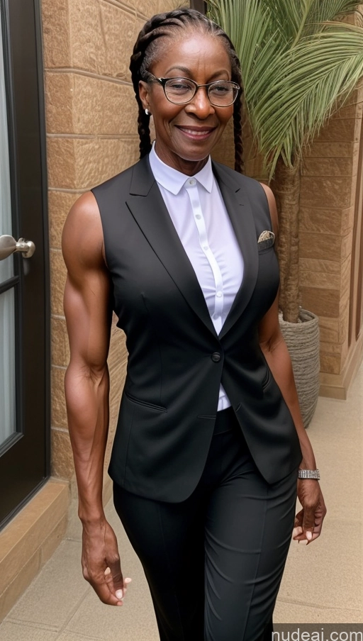 ai nude image of smiling woman in a black suit and white shirt standing outside pics of Muscular Abs 80s Suit African Glasses Thick Braided Wedding