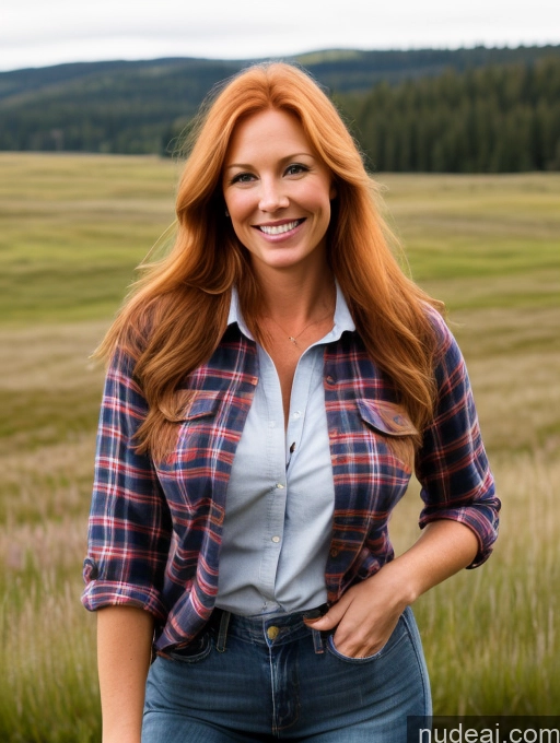 ai nude image of arafed woman with red hair and blue shirt standing in a field pics of Model One Perfect Boobs 40s Happy Ginger Long Hair Swedish Meadow Front View Jeans Lumberjack Shirt