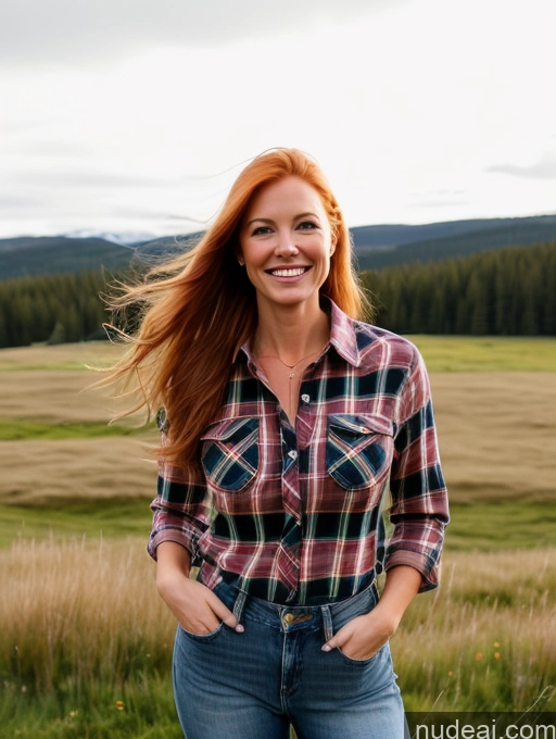 related ai porn images free for Model One Perfect Boobs 40s Happy Ginger Long Hair Swedish Meadow Front View Jeans Lumberjack Shirt