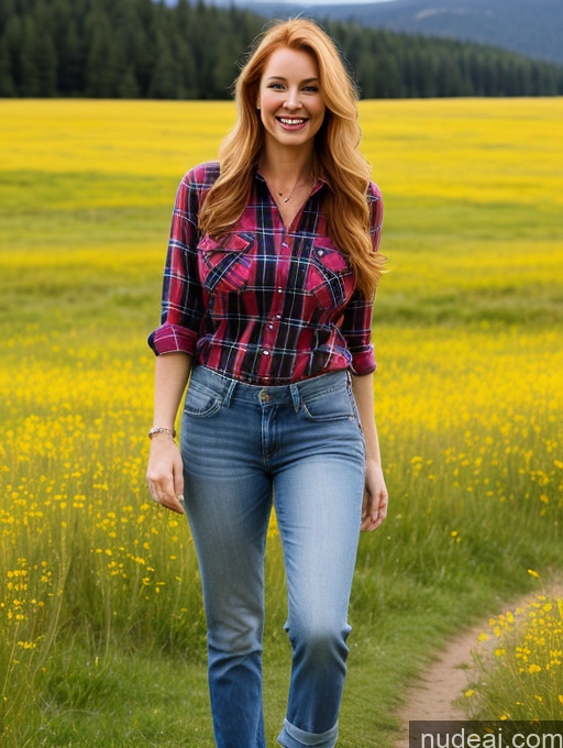 ai nude image of arafed woman in a plaid shirt and jeans walking through a field pics of Model One Perfect Boobs 40s Happy Ginger Long Hair Meadow Front View Jeans Lumberjack Shirt White Fairer Skin