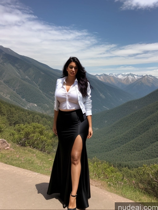 ai nude image of arafed woman in a skirt standing on a mountain side pics of Model Several Perfect Boobs Beautiful Big Ass Chubby Long Legs Perfect Body 30s Seductive Sexy Face Black Hair Long Hair Indian Bending Over Shirt Jacket Long Skirt Mountains