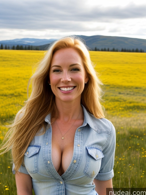 ai nude image of blond woman in a field of yellow flowers posing for a picture pics of Model One Perfect Boobs 40s Happy Long Hair Meadow Front View Jeans Shirt Fairer Skin Western Cleavage Blonde Irish