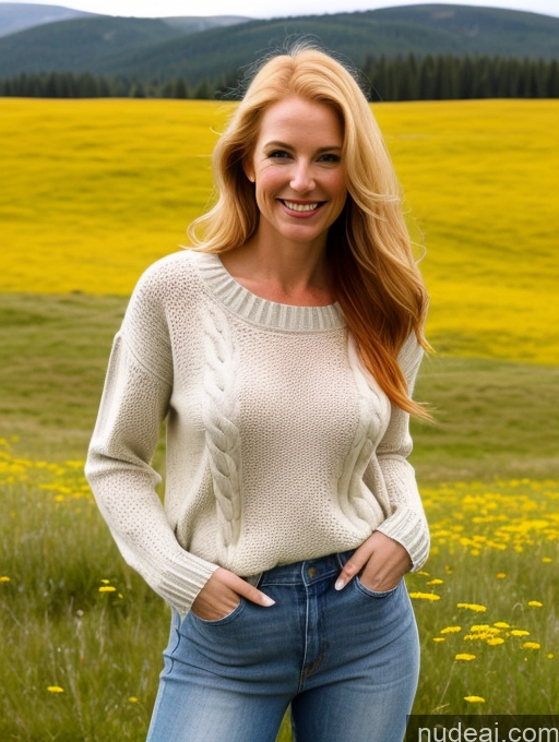 ai nude image of arafed woman in a field of yellow flowers posing for a picture pics of Model One Perfect Boobs 40s Happy Long Hair Meadow Front View Jeans Fairer Skin Blonde Irish Sweater