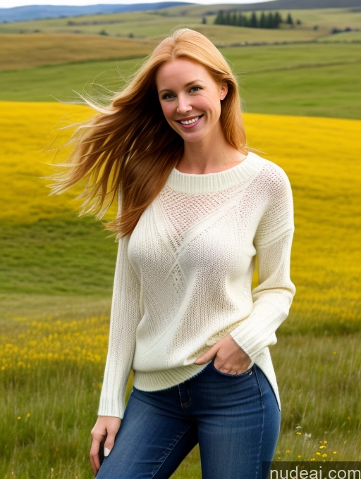 ai nude image of arafed woman in a white sweater and jeans standing in a field pics of Model One Perfect Boobs 40s Happy Long Hair Meadow Front View Jeans Fairer Skin Blonde Irish Sweater Perfect Body