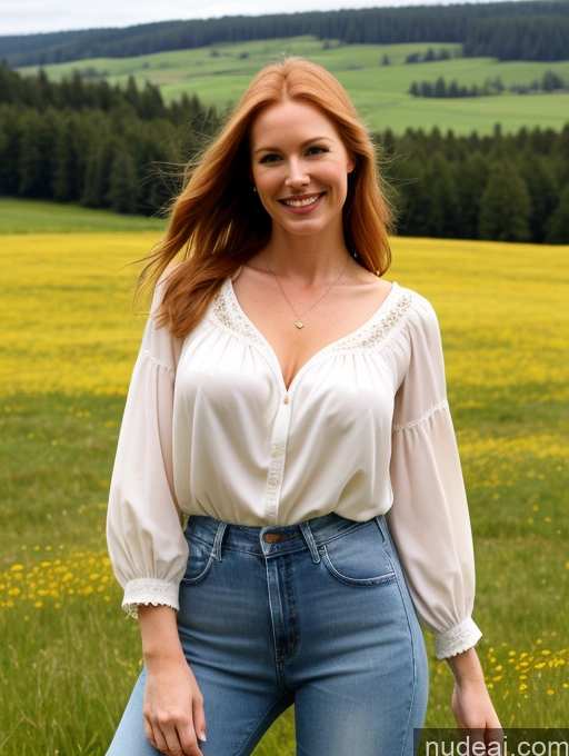 ai nude image of there is a woman standing in a field of grass with a field of yellow flowers pics of Model One Perfect Boobs 40s Happy Long Hair Meadow Front View Fairer Skin Perfect Body Jeans Blouse Russian Ginger