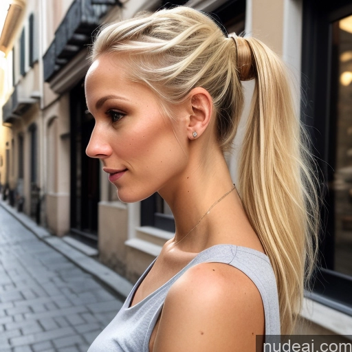 ai nude image of blond woman with ponytail in a city street looking at her cell phone pics of Woman One Beautiful Skinny 20s Blonde Italian Ponytail Skin Detail (beta) Casual