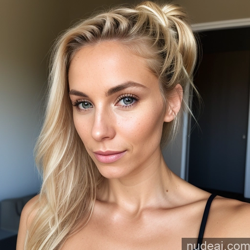 ai nude image of blond woman with a messy bun in her hair and a black bra pics of Woman One Beautiful Skinny 20s Blonde Italian Ponytail Skin Detail (beta) Professor