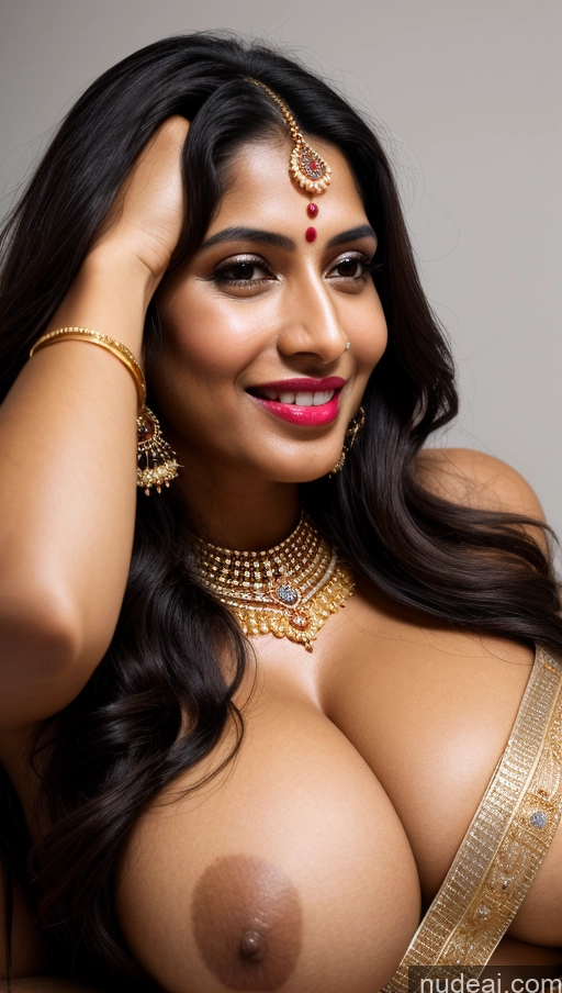 ai nude image of araffed woman with big breast posing for a picture pics of Woman Huge Boobs Perfect Boobs Busty Beautiful Lipstick Big Ass Fairer Skin 50s Happy Sexy Face Black Hair Long Hair Indian Skin Detail (beta) Sari Gold Jewelry Jewelry Bright Lighting Detailed Close-up View