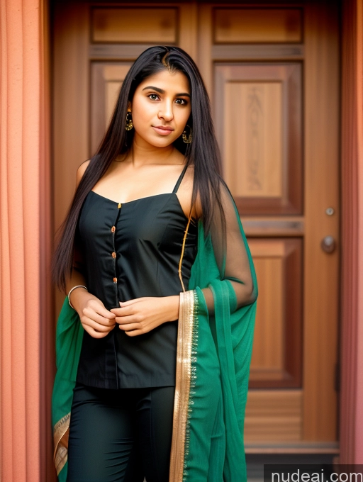 ai nude image of there is a woman standing in front of a door wearing a black top and green sari pics of Short Black Hair Indian Long Hair Bra Pull Down 18 Salwar