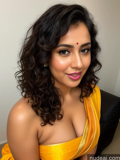 ai nude image of araffe woman in a yellow sari posing for a picture pics of Woman One Perfect Boobs Thick Perfect Body Curly Hair Tanned Skin 20s Ahegao Brunette Greek Cumshot Bright Lighting Sari Traditional