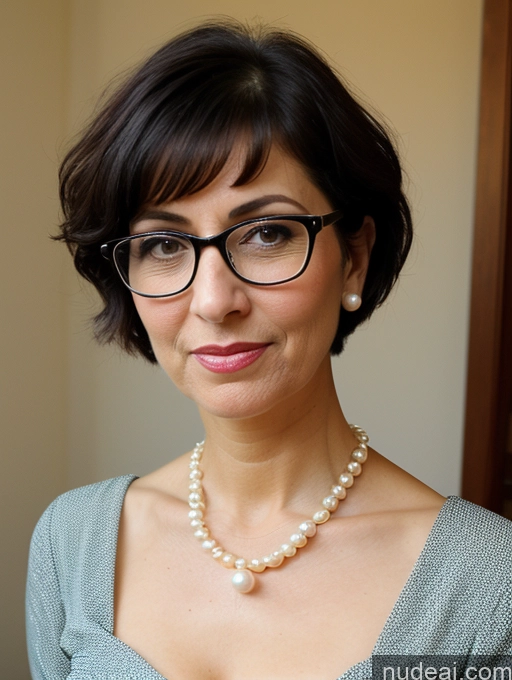 ai nude image of there is a woman wearing glasses and a pearl necklace pics of Milf Glasses Busty Short Skinny Pregnant 50s Shocked Sad Black Hair Short Hair Jewish Front View Dress Traditional Victorian Pearl Jewelry