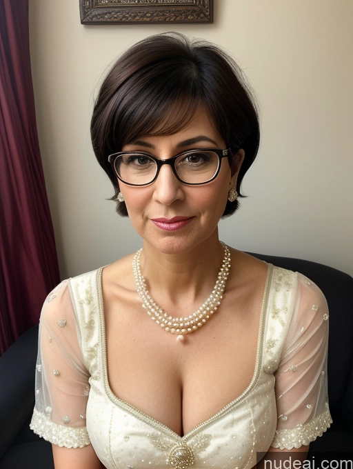 ai nude image of there is a woman wearing glasses and a pearl necklace pics of Milf Glasses Busty Short Skinny Pregnant 50s Shocked Sad Black Hair Short Hair Jewish Front View Dress Traditional Victorian Pearl Jewelry