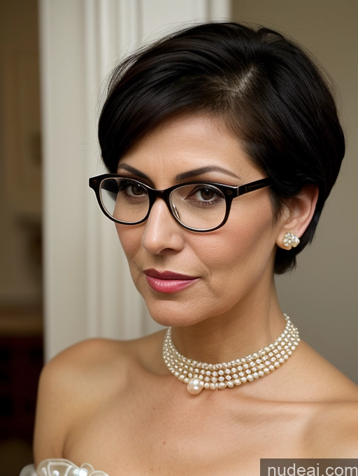 ai nude image of there is a woman wearing glasses and a pearl necklace pics of Milf Glasses Busty Short Skinny Pregnant 50s Shocked Sad Black Hair Short Hair Jewish Front View Dress Traditional Victorian Pearl Jewelry