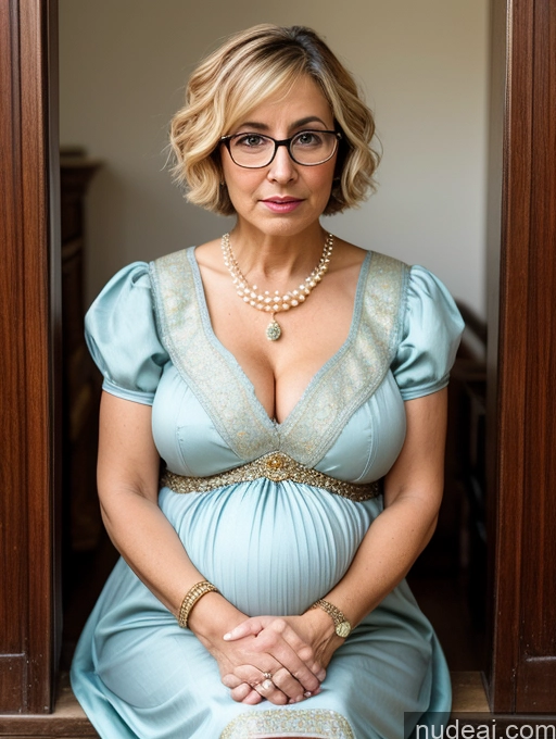 ai nude image of pregnant woman in blue dress sitting on steps with hand on belly pics of Milf Glasses Busty Short Skinny Pregnant 50s Shocked Sad Short Hair Jewish Front View Dress Traditional Victorian Pearl Jewelry Blonde