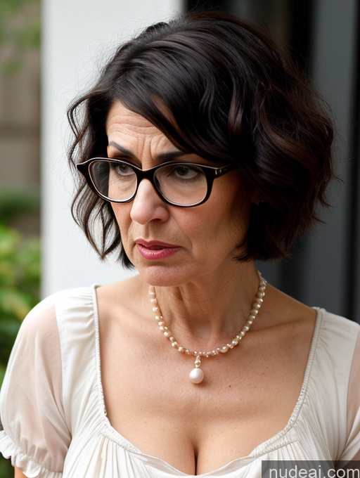 ai nude image of there is a woman with glasses and a pearl necklace looking at her cell phone pics of Milf Glasses Busty Short Skinny Pregnant 50s Shocked Jewish Front View Dress Victorian Pearl Jewelry Serious Black Hair Angry Casual Short Hair