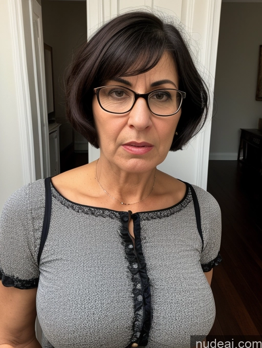 ai nude image of there is a woman with glasses and a gray top posing for a picture pics of Milf Glasses Busty Short Skinny Pregnant 50s Shocked Jewish Front View Dress Victorian Pearl Jewelry Serious Black Hair Angry Casual Short Hair