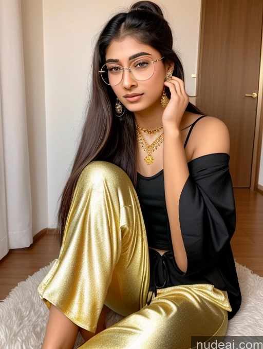 ai nude image of araffe woman in gold pants and glasses sitting on a rug pics of Sorority Beautiful 18 Ponytail Indian Diamond Jewelry Gold Jewelry Jewelry Thin Round Glasses Harem Pants