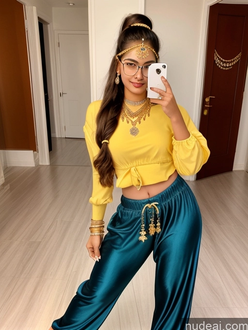 ai nude image of araffe woman taking a selfie in a yellow top and blue pants pics of Sorority Beautiful 18 Ponytail Indian Diamond Jewelry Gold Jewelry Jewelry Thin Round Glasses Harem Pants