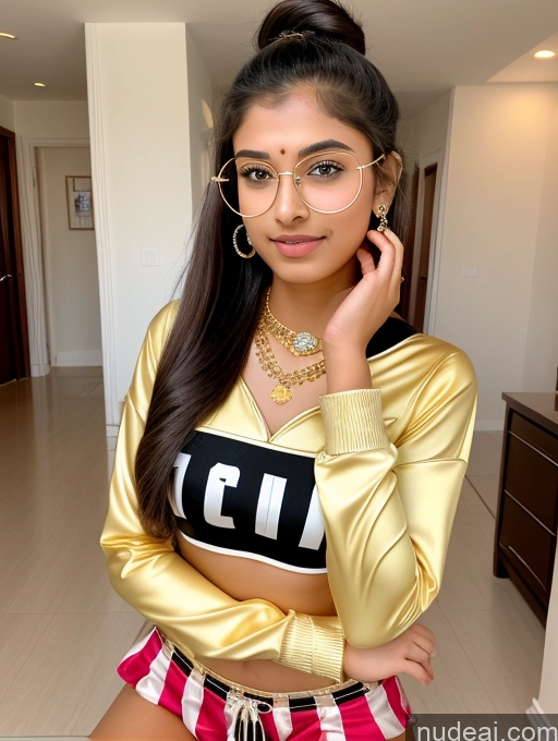 ai nude image of there is a woman in a gold top and pink shorts posing for a picture pics of Sorority Beautiful 18 Ponytail Indian Diamond Jewelry Gold Jewelry Jewelry Thin Round Glasses Harlequin