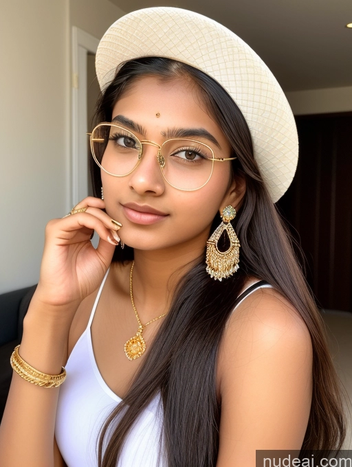 ai nude image of araffe woman wearing a white hat and glasses posing for a picture pics of Sorority Beautiful 18 Ponytail Indian Diamond Jewelry Gold Jewelry Jewelry Thin Round Glasses Hat