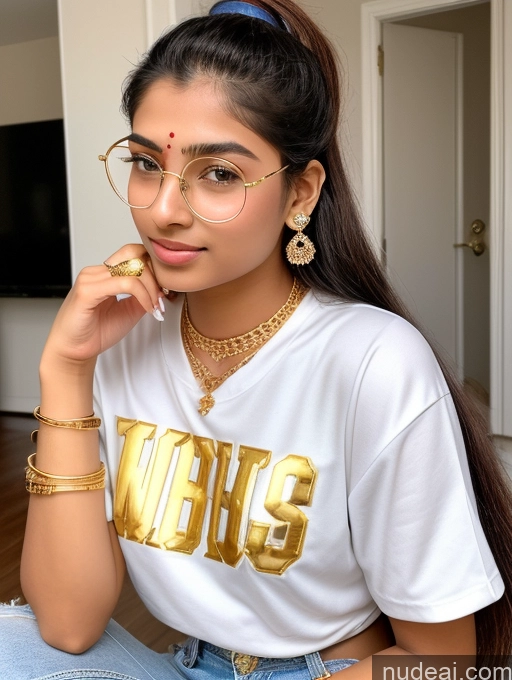 ai nude image of araffe wearing a white shirt and gold jewelry sitting on a couch pics of Sorority Beautiful 18 Ponytail Indian Diamond Jewelry Gold Jewelry Jewelry Thin Round Glasses Hip Hop