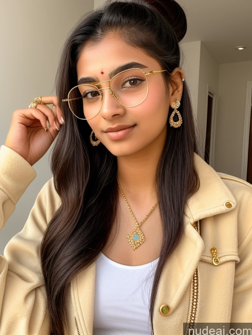 ai nude image of arafed woman wearing glasses and a white top and a tan jacket pics of Sorority Beautiful 18 Ponytail Indian Diamond Jewelry Gold Jewelry Jewelry Thin Round Glasses Jacket