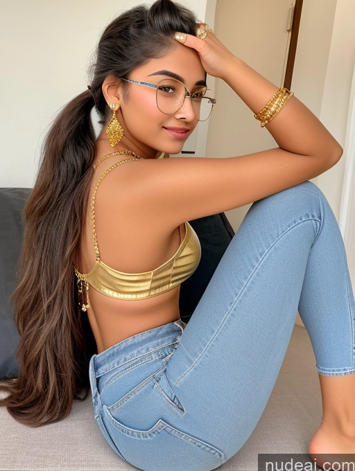 ai nude image of araffed woman with glasses sitting on a couch with her legs crossed pics of Sorority Beautiful 18 Ponytail Indian Diamond Jewelry Gold Jewelry Jewelry Thin Round Glasses Jeans