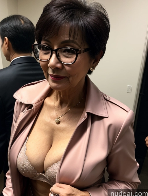 ai nude image of there is a woman in a pink jacket and glasses posing for a picture pics of Milf Perfect Boobs Beautiful Glasses Perfect Body 70s Pixie Chinese Party Blouse Bra Jacket Stylish Suit Cleavage Dark Lighting Detailed