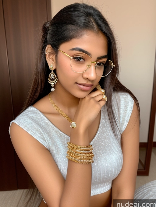 ai nude image of a close up of a woman wearing a white top and gold jewelry pics of Sorority Beautiful 18 Ponytail Indian Diamond Jewelry Gold Jewelry Jewelry Thin Round Glasses Leather