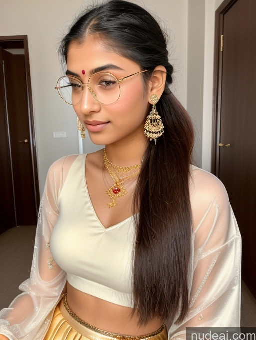 ai nude image of a close up of a woman wearing a white blouse and gold skirt pics of Sorority Beautiful 18 Ponytail Indian Diamond Jewelry Gold Jewelry Jewelry Thin Round Glasses Long Skirt