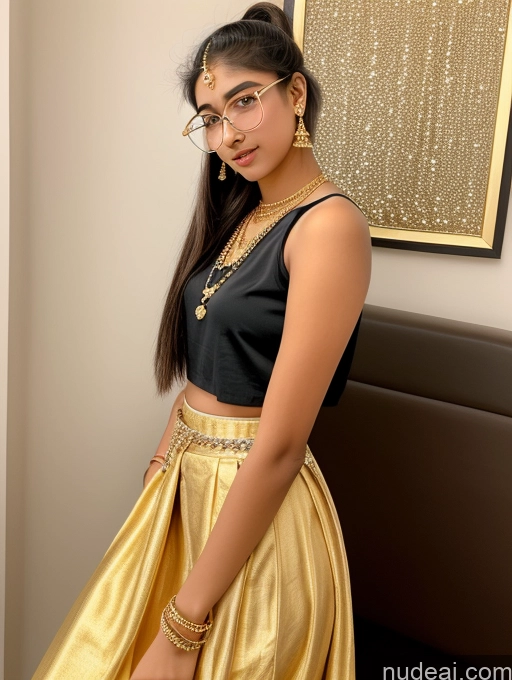 ai nude image of araffe woman in a black top and gold skirt posing for a picture pics of Sorority Beautiful 18 Ponytail Indian Diamond Jewelry Gold Jewelry Jewelry Thin Round Glasses Long Skirt