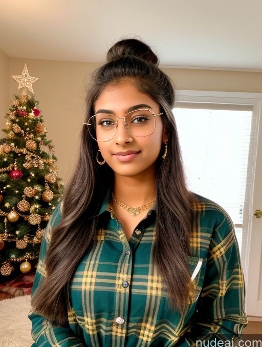 ai nude image of arafed woman with glasses and a green plaid shirt standing in front of a christmas tree pics of Sorority Beautiful 18 Ponytail Indian Diamond Jewelry Gold Jewelry Jewelry Thin Round Glasses Lumberjack