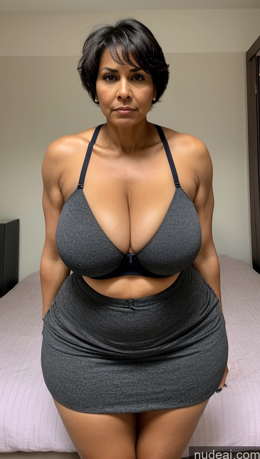 ai nude image of there is a woman in a gray dress posing on a bed pics of Milf Busty Beautiful Big Ass Tall 50s Sexy Face Indian Front View T-pose Detailed Perfect Body Abs Muscular Black Hair Dark Skin Angry Pixie Huge Boobs Bedroom Big Hips Long Legs Bra Long Skirt