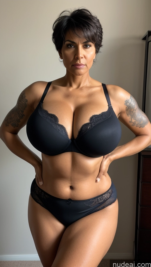 ai nude image of arafed woman in a black bra and panties posing for a picture pics of Milf Busty Beautiful Big Ass Tall 50s Sexy Face Indian Front View T-pose Detailed Perfect Body Abs Muscular Black Hair Dark Skin Angry Pixie Huge Boobs Bedroom Bra Long Skirt Tattoos