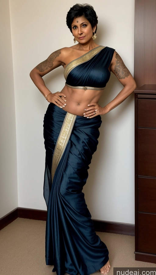 ai nude image of arafed woman in a blue sari posing for a picture pics of Milf Busty Beautiful Big Ass Tall 50s Sexy Face Indian Front View T-pose Detailed Perfect Body Abs Muscular Black Hair Dark Skin Pixie Bedroom Tattoos Sari Seductive Perfect Boobs