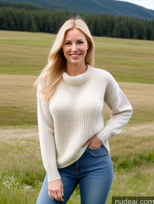 ai nude image of arafed woman in a white sweater and jeans standing in a field pics of Model One Perfect Boobs 40s Happy Blonde Long Hair Meadow Front View Jeans Russian Sweater Fairer Skin