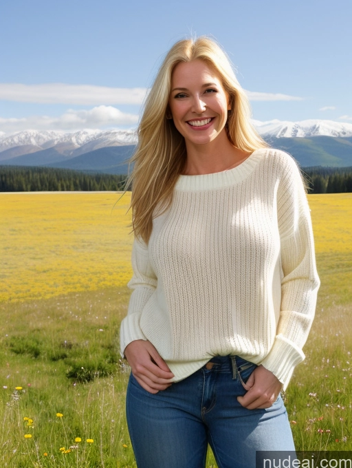 ai nude image of blonde woman in a white sweater and jeans standing in a field pics of Model One Perfect Boobs 40s Happy Blonde Long Hair Meadow Front View Jeans Russian Sweater Fairer Skin