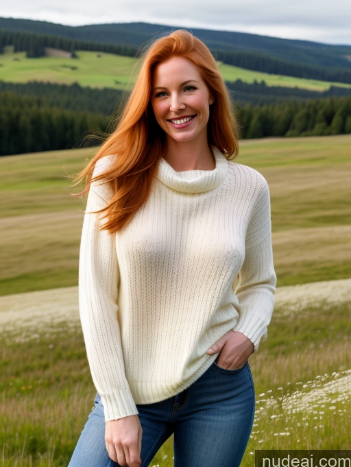 ai nude image of smiling woman in a white sweater and jeans standing in a field pics of Model One Perfect Boobs 40s Happy Long Hair Meadow Front View Jeans Russian Sweater Fairer Skin Ginger