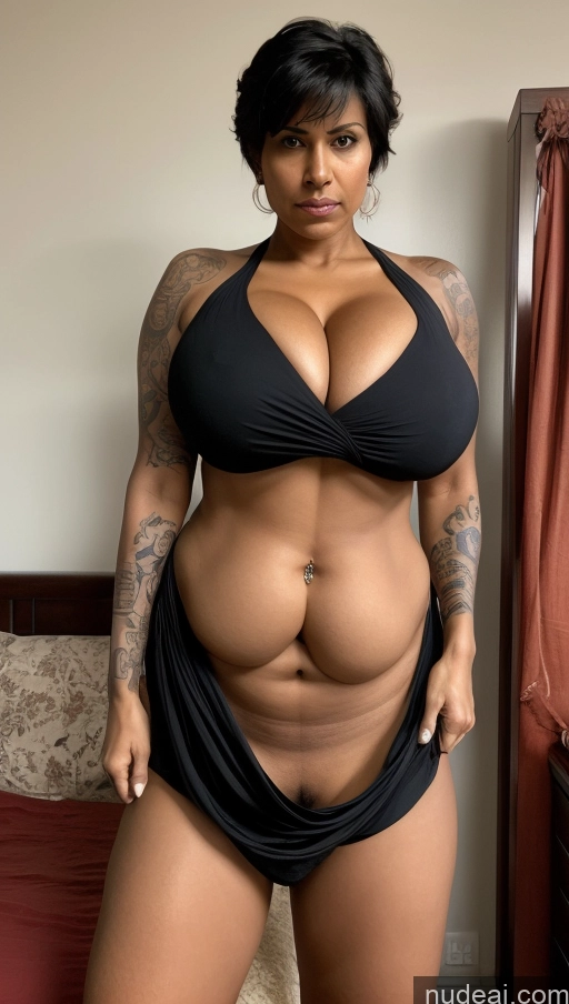 ai nude image of arafed woman in a black bikini posing for a picture pics of Milf Busty Beautiful Big Ass Tall Sexy Face Indian Front View T-pose Detailed Perfect Body Abs Muscular Dark Skin Pixie Bedroom Tattoos Angry Huge Boobs 30s Sari Partially Nude Black Hair