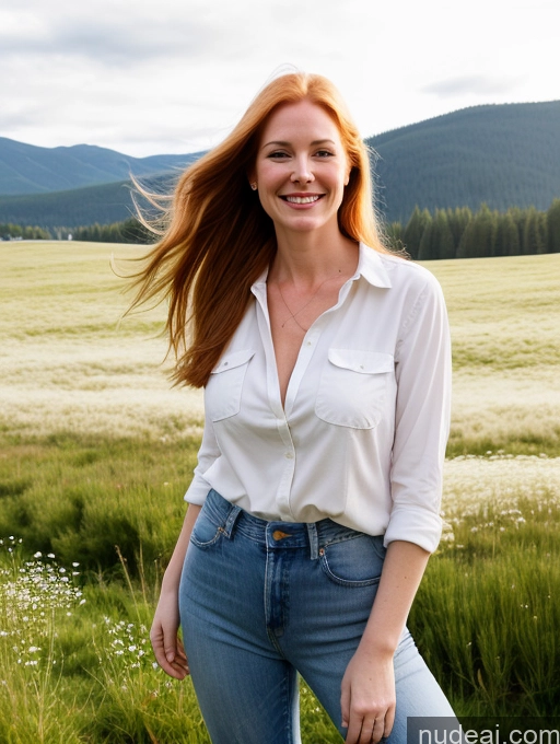 ai nude image of smiling woman in a field of grass with mountains in the background pics of Model One Perfect Boobs 40s Happy Long Hair Meadow Front View Jeans Russian Fairer Skin Ginger Shirt