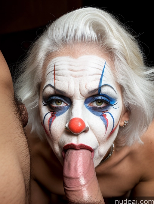 ai nude image of a close up of a woman with a clown makeup on her face pics of Long Hair Woman One 70s White Hair Front View Blowjob Tanned Skin Indian Hell Clown