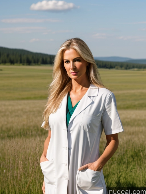 ai nude image of blond woman in white lab coat standing in field of tall grass pics of Model Perfect Boobs Long Hair Blonde Russian Meadow Front View 60s Seductive Doctor