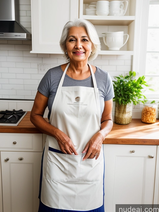 ai nude image of smiling woman in apron standing in kitchen with white cabinets and counter pics of Long Hair Woman One 70s White Hair Front View Tanned Skin Indian Apron Cooking Kitchen